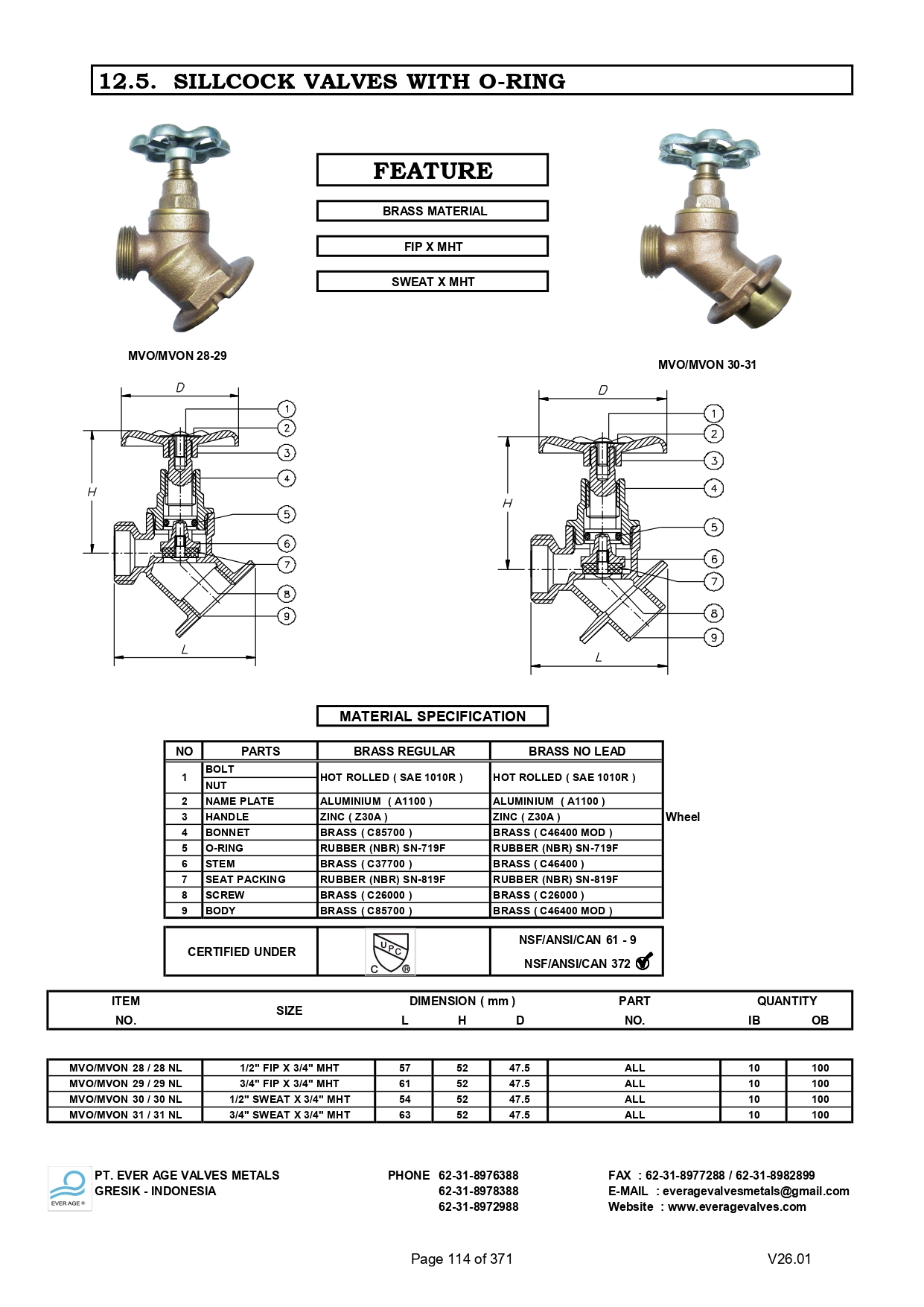 SILLCOCK VALVES WITH O-RING - MVO - MVON 28 - 31